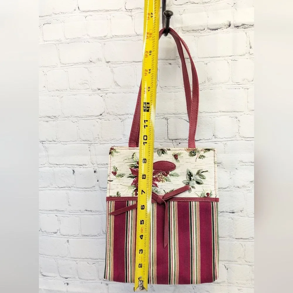 Longaberger Christmas Tote Bag Striped Canvas ~ Holly Poinsettia with Handles